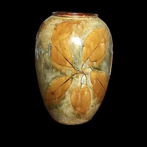 1890s Doulton Lambeth Glazed Stoneware Vase with Leaf Decoration.