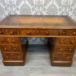 A Fine Quality Victorian Period Burr Walnut Antique Pedestal Desk