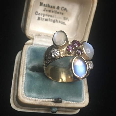 Rare Vintage 9ct Gold Moonstone, Diamond and Ruby Ring image-2