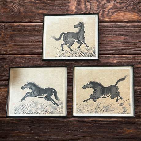 A Set of 3 Chinese Grey Wash Equine Paintings image-1
