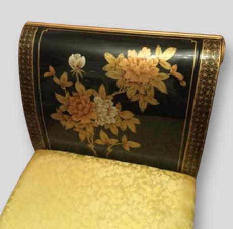 Chinese Black Lacquered, Upholstered in Gold Brocade image-3