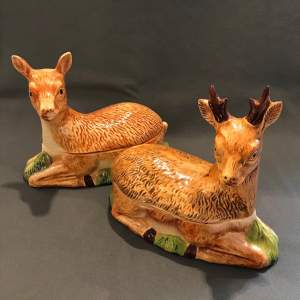 Pair of French Faience Pottery Stag and Deer