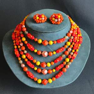 Vintage Orange and Yellow Beaded Necklace and Earrings Set