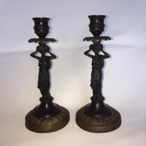Victorian Dark Patinated Bronze Figural Candlesticks