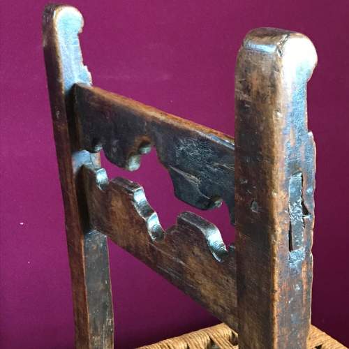 Naive 17th Century Walnut Chair with Village Stocks Back image-5