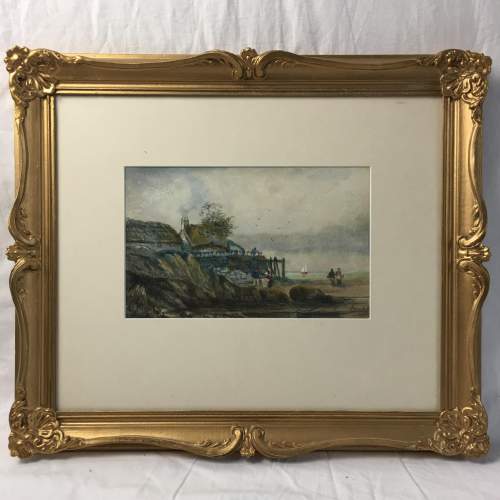 Antique 19th Century Watercolour Painting of a Coastal Scene image-1