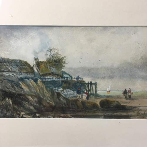 Antique 19th Century Watercolour Painting of a Coastal Scene image-2