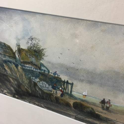 Antique 19th Century Watercolour Painting of a Coastal Scene image-3