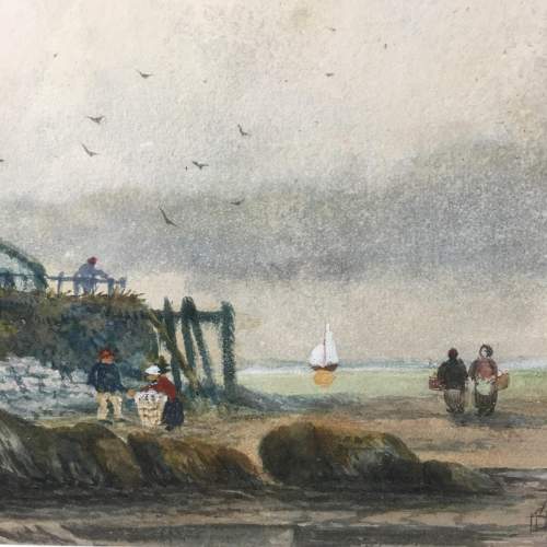 Antique 19th Century Watercolour Painting of a Coastal Scene image-4