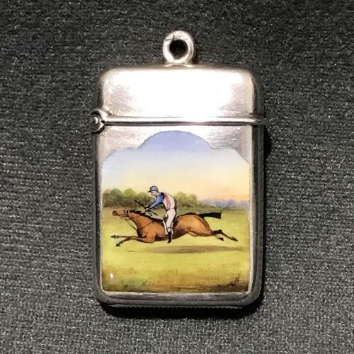 Victorian Silver and Enamel Horse Racing Scene Vesta image-1