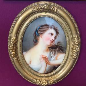 19th Century Oil on Glass Oval Portrait with Blue Bow