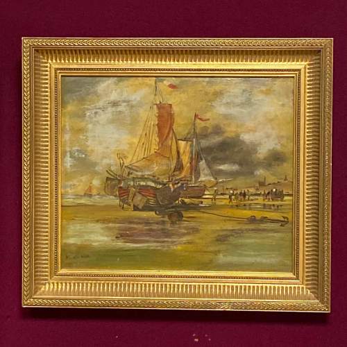 W Webb 19th Century Oil on Board of Anchored Boats image-1