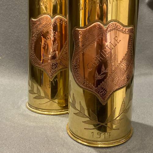 Pair of Decorative Named Brass Trench Art Shell Cases image-4