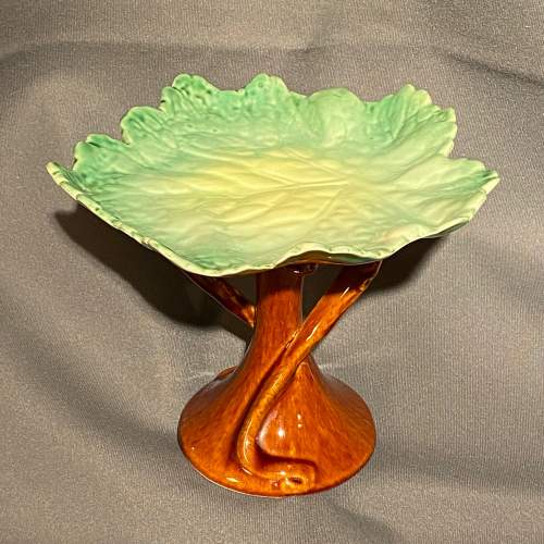 Majolica Pottery Leaf Comport with Arts and Crafts Style Base image-1