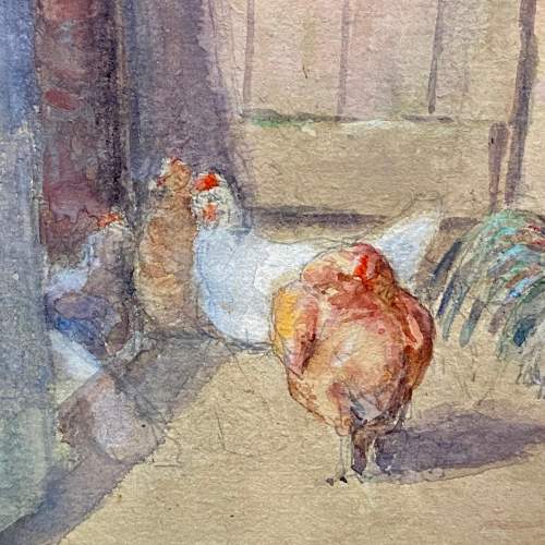 Signed Watercolour of Farmyard Chickens and Cockeral image-3