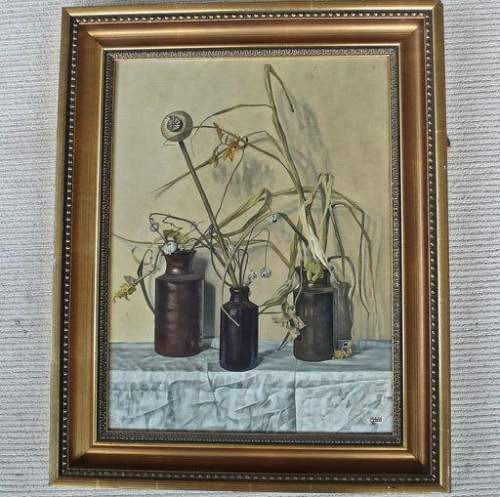Original Oil Painting of Stone Jars with Dried Flowers by M. Hall image-1
