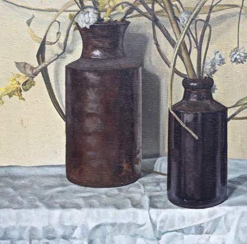 Original Oil Painting of Stone Jars with Dried Flowers by M. Hall image-2