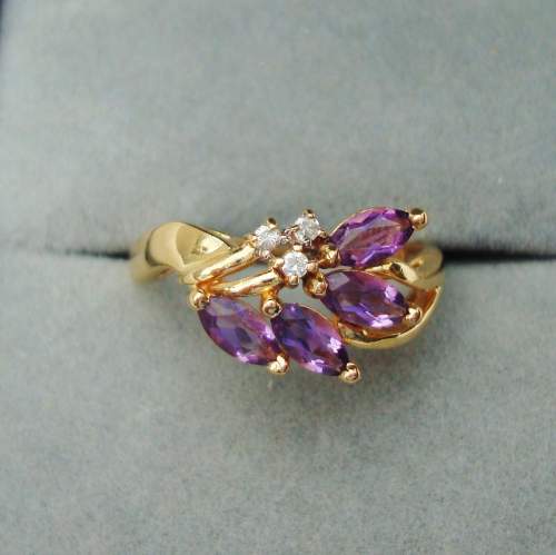 A Pretty 14ct Gold Amethyst and Diamond Floral Ring image-1