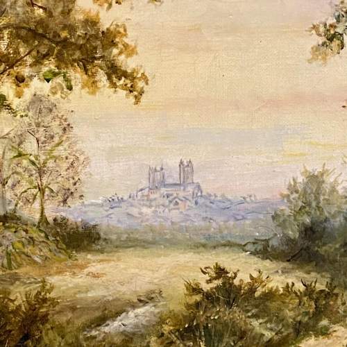 Early 20th Century Oil On Canvas The City On The Hill Lincoln with River image-2