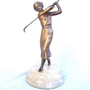 Tall 1930s Art Deco Cold Painted Spelter Lady Golfer on Onyx Base