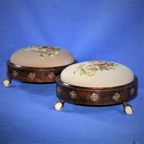 Pair of Round 19th Century Woolwork Walnut Footstools image-1