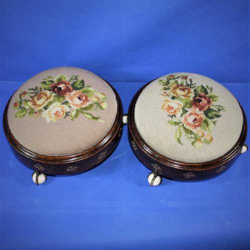 Pair of Round 19th Century Woolwork Walnut Footstools image-4