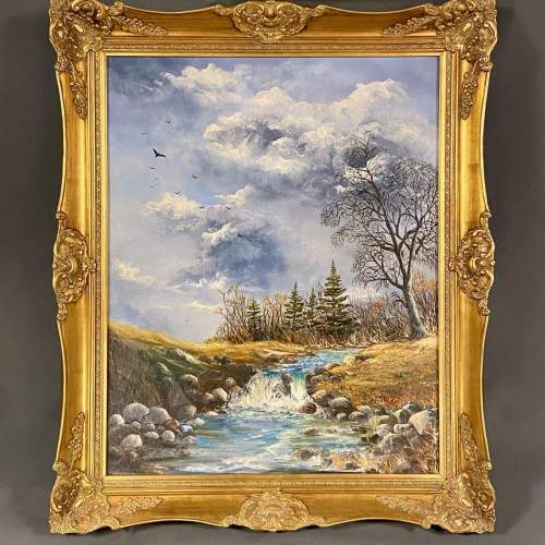 Large Oil on Canvas Mountain Stream Landscape Painting image-1