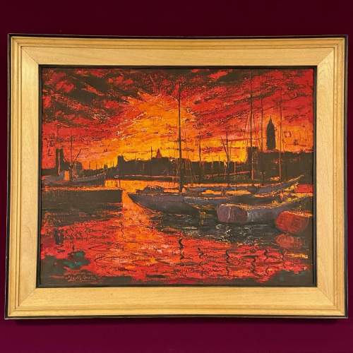 Large Martin Ocana Oil On Canvas Harbour Sunset Painting image-1