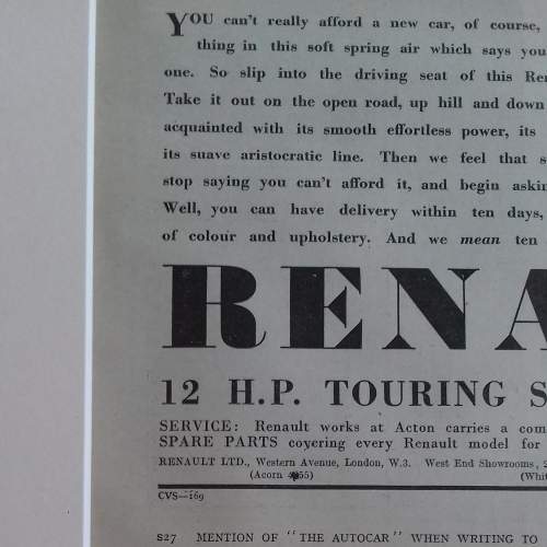 Framed Original 1937 Autocar Advert for Renault Touring Saloon image-3