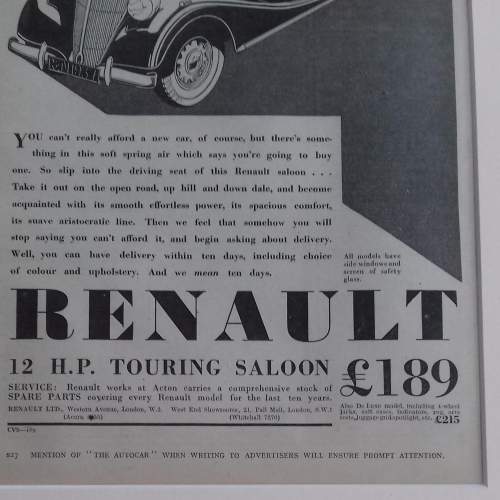 Framed Original 1937 Autocar Advert for Renault Touring Saloon image-4