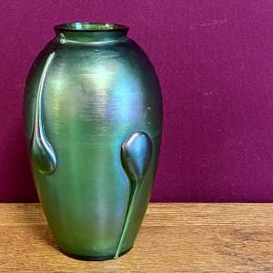 Early 20th Century Loetz Green Iridescent Tadpole Glass Vase