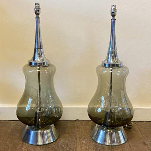 Pair of 20th Century Stainless Steel and Smoked Glass Lamps image-1
