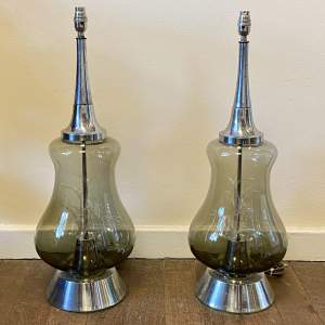 Pair of 20th Century Stainless Steel and Smoked Glass Lamps