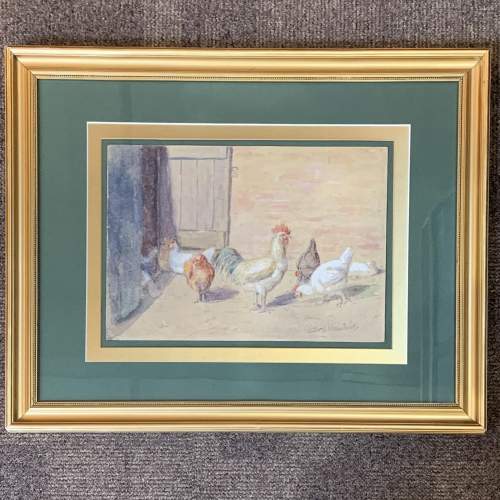 Signed Watercolour of Farmyard Chickens and Cockeral image-1