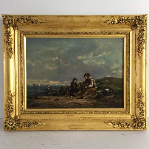 Antique Oil on Canvas Beach Scene Monogrammed H D Period Frame image-1