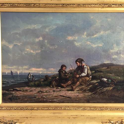 Antique Oil on Canvas Beach Scene Monogrammed H D Period Frame image-2