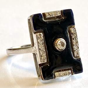 14ct Gold Art Deco Style Enamel and Diamond Ring