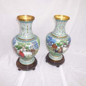 Pair Very Large Cloisonne Vases with Horses