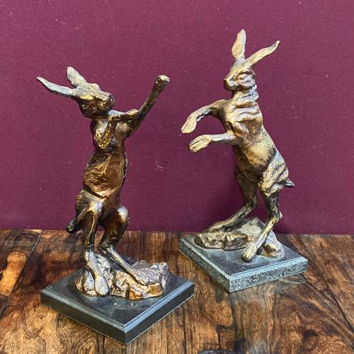 Pair of Vintage Bronzed Spelter Boxing Hare Figures image-1