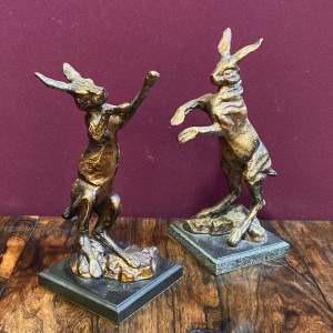 Pair of Vintage Bronzed Spelter Boxing Hare Figures