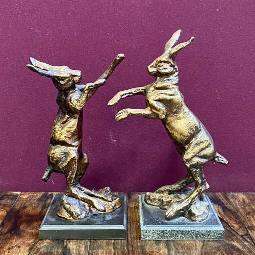 Pair of Vintage Bronzed Spelter Boxing Hare Figures image-2