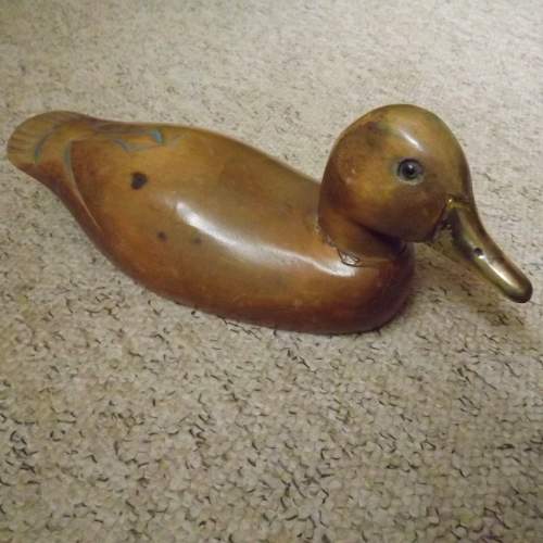 Edwardian Folk Art Carved Decoy Duck with Glass Eyes and Gilt Bill image-1