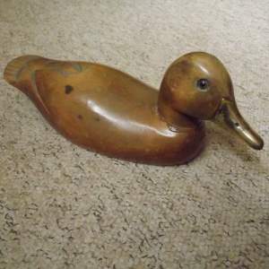 Edwardian Folk Art Carved Decoy Duck with Glass Eyes and Gilt Bill