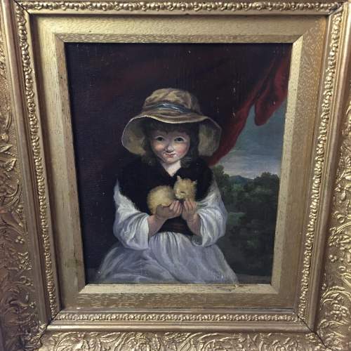 Antique Oil Painting Portrait of a Girl Holding a kitten Framed image-2