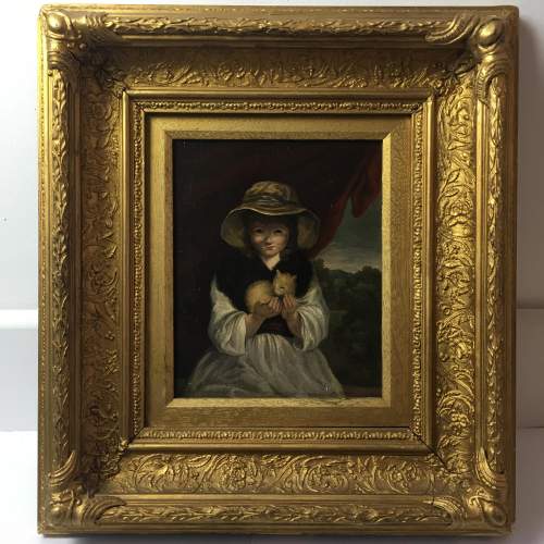 Antique Oil Painting Portrait of a Girl Holding a kitten Framed image-1