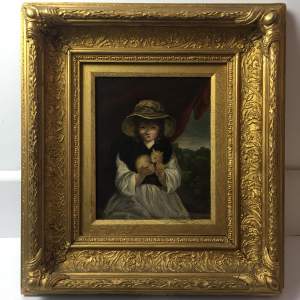 Antique Oil Painting Portrait of a Girl Holding a kitten Framed