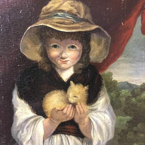 Antique Oil Painting Portrait of a Girl Holding a kitten Framed image-3