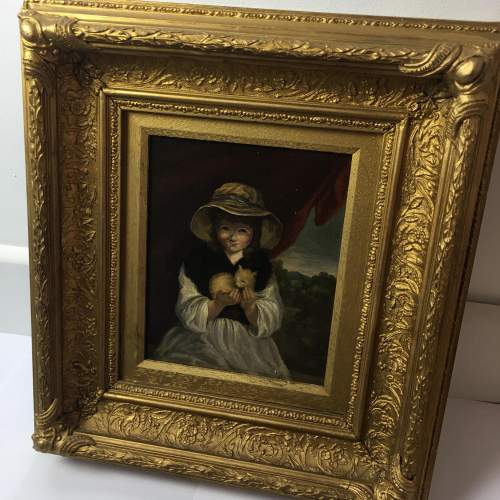 Antique Oil Painting Portrait of a Girl Holding a kitten Framed image-4