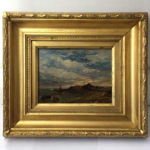 Antique Coastal Scene Oil Painting on Artist Board - Framed