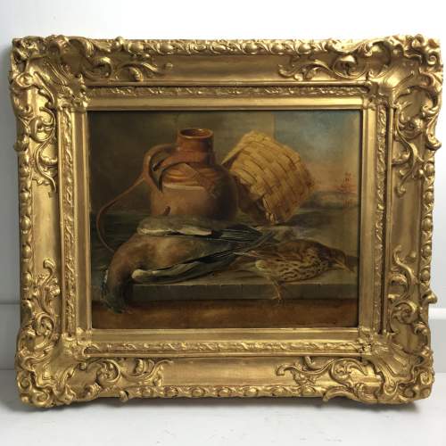 Antique Still Life Oil Painting of Wood Pigeon and Song Thrush image-1
